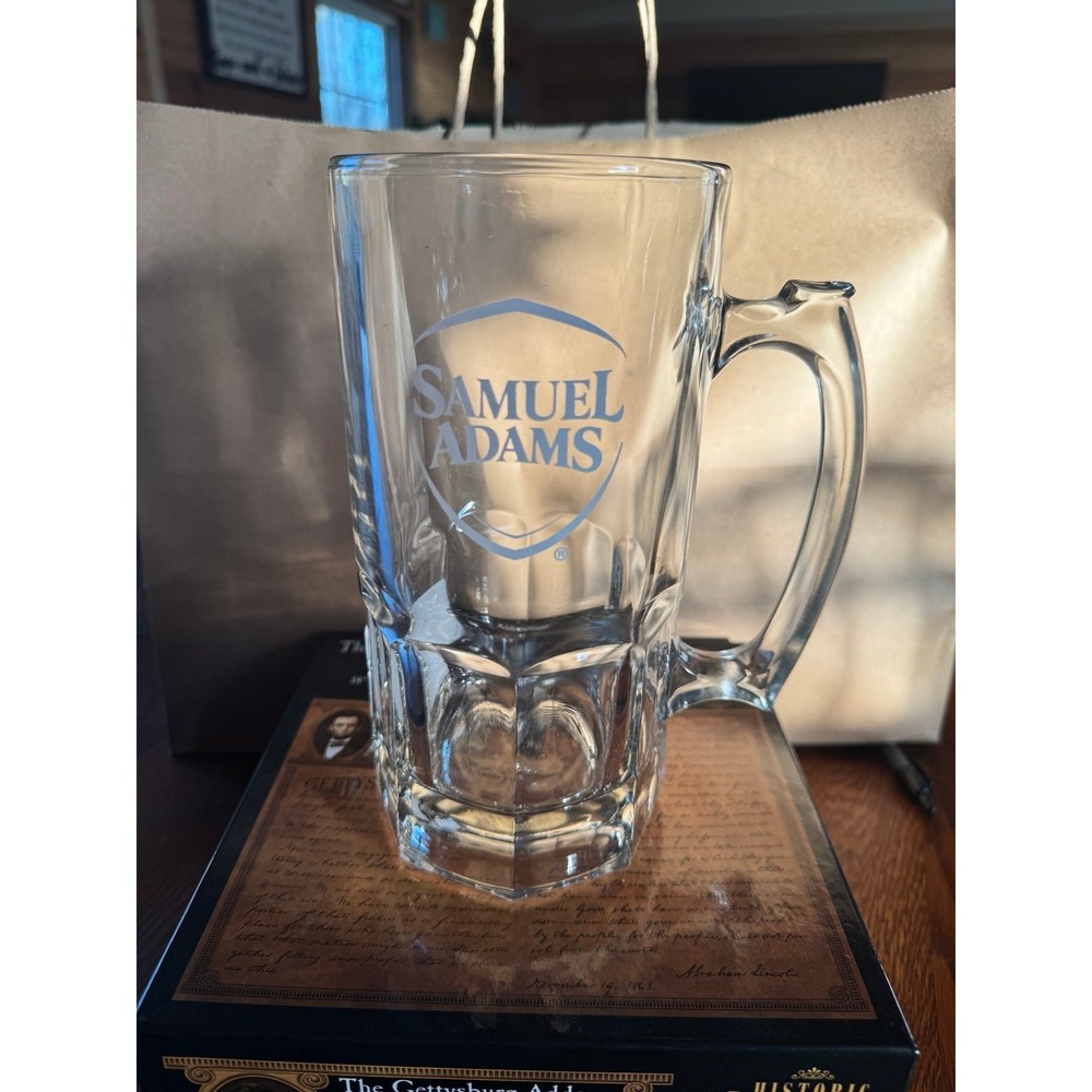 Samuel Adams‎ Beer Mug Clear Glass Etched Logo Faceted Base Heavy Barware Stein